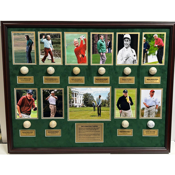 Donald Trump, Ronald Reagan, Richard Nixon 10 US President's signed golf balls with museum quality frame