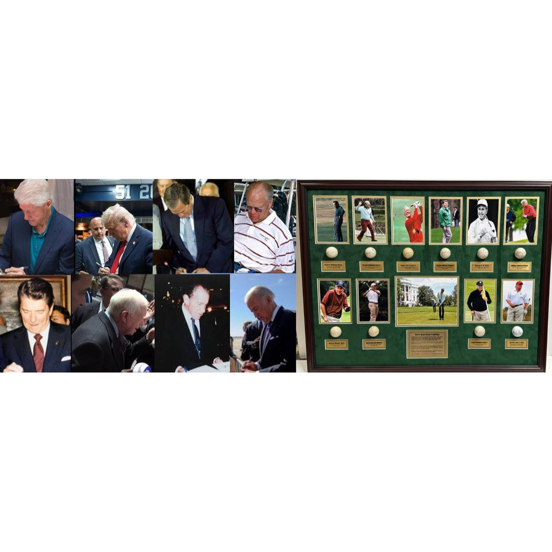 Donald Trump, Ronald Reagan, Richard Nixon 10 US President's signed golf balls with museum quality frame