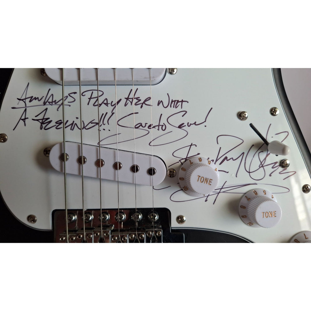 Stevie Ray Vaughan signed "Always Play Her with a Feeling" & Jeff Beck Fender Stratocaster Squier electric guitar signed with proof