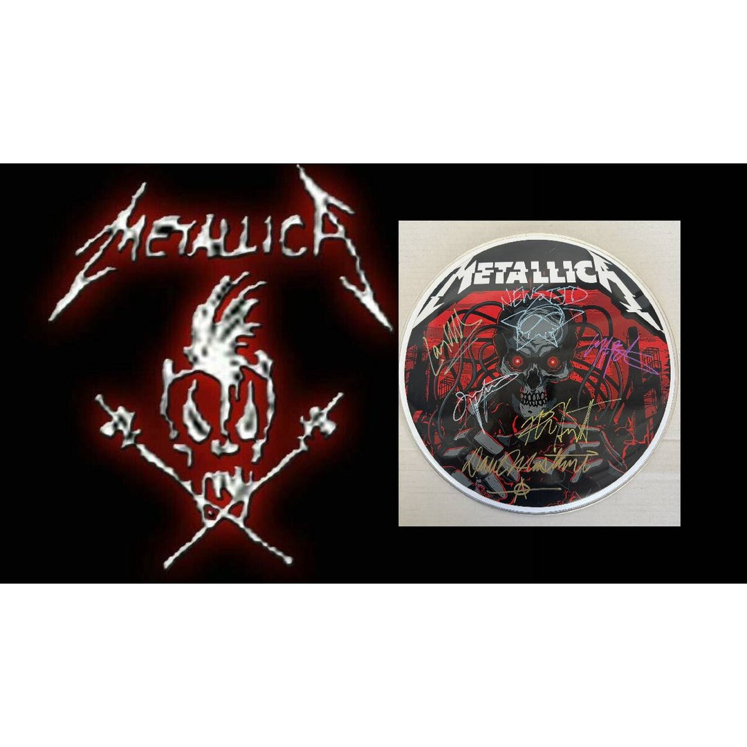 Metallica James Hetfield Lars Ulrich Robert Trujillo Dave Mustaine Jason Newsted drumhead signed with proof.