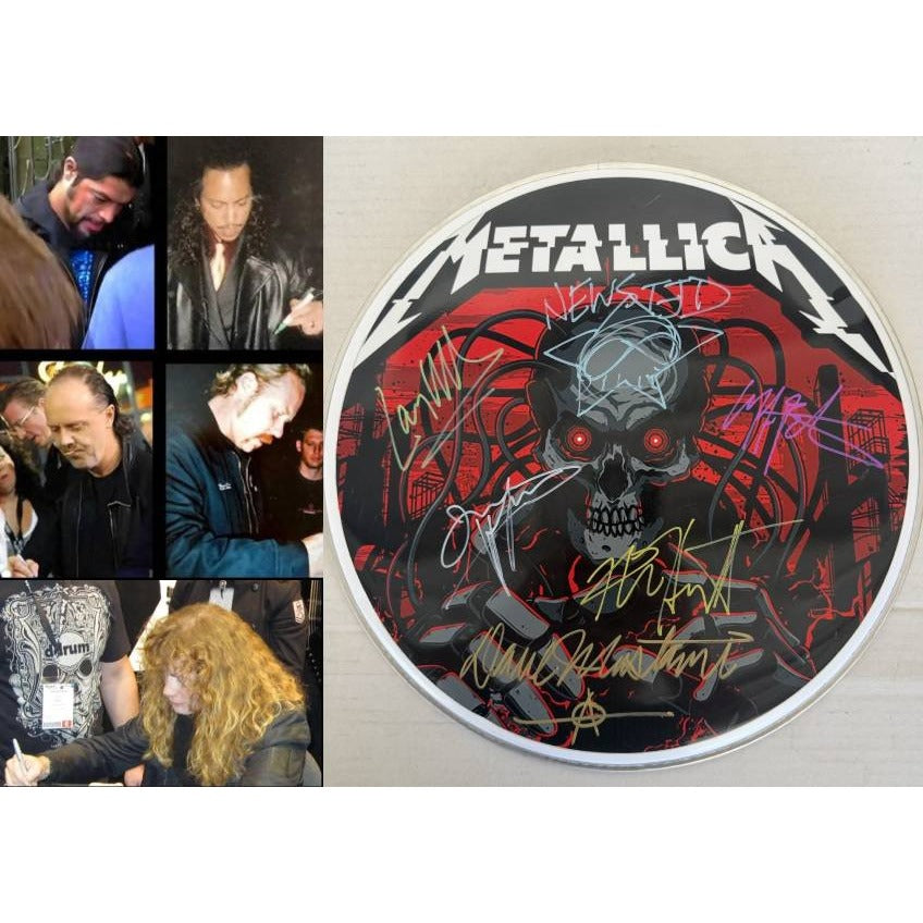 Metallica James Hetfield Lars Ulrich Robert Trujillo Dave Mustaine Jason Newsted drumhead signed with proof.