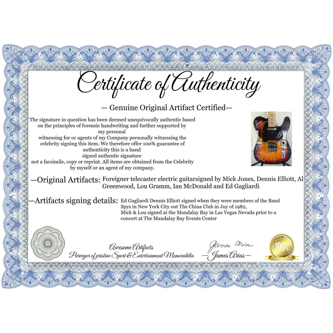 Foreigner telecaster electric guitar signed by Mick Jones, Dennis Elliott, Al Greenwood, Lou Gramm, Ian McDonald and Ed Gagliardi.