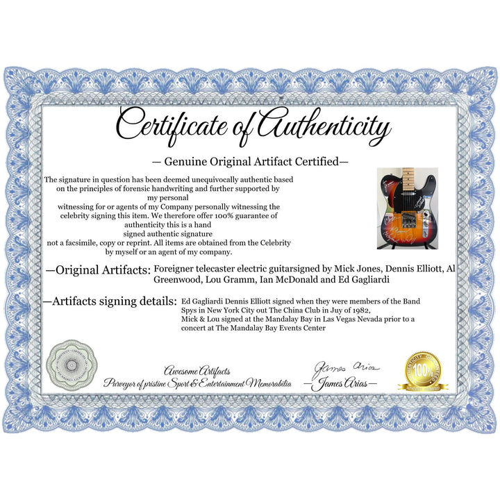Foreigner telecaster electric guitar signed by Mick Jones, Dennis Elliott, Al Greenwood, Lou Gramm, Ian McDonald and Ed Gagliardi.