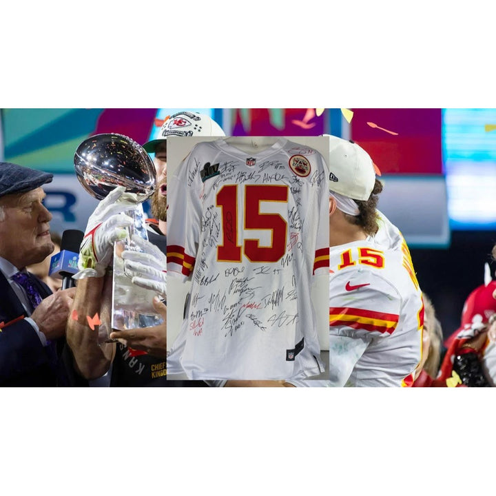 Kansas City Chiefs Patrick Mahomes Andy Reid, Travis Kelce, Tyreek Hill 2019-20 team game model jersey signed with proof.