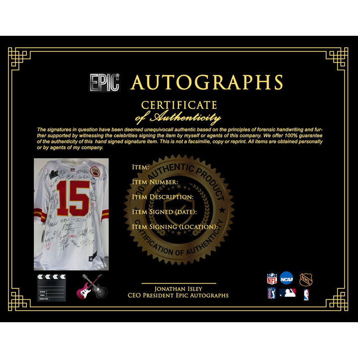 Kansas City Chiefs Patrick Mahomes Andy Reid, Travis Kelce, Tyreek Hill 2019-20 team game model jersey signed with proof.