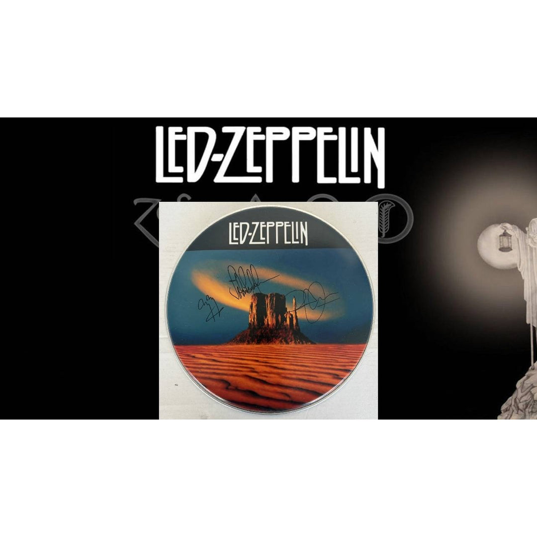 Led Zeppelin Jimmy Page Robert Plant John Paul Jones Drumhead signed with proof.