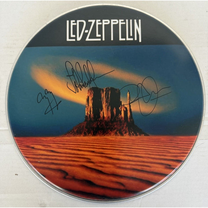 Led Zeppelin Jimmy Page Robert Plant John Paul Jones Drumhead signed with proof.