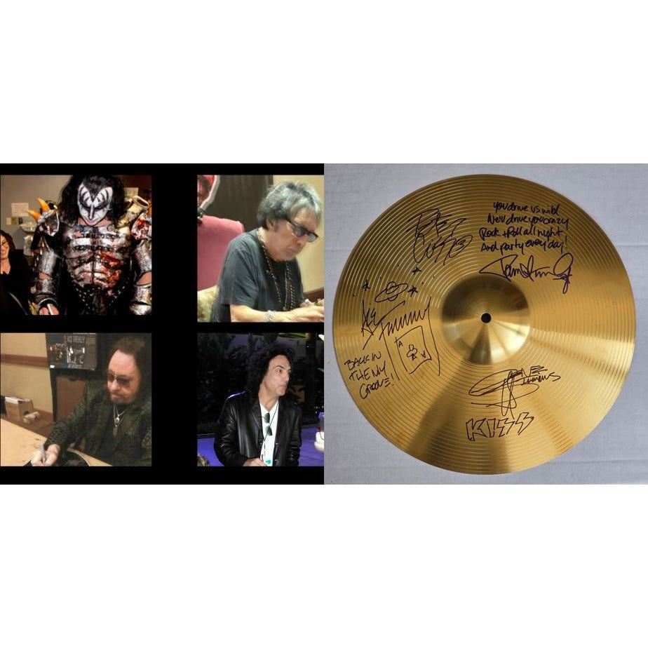 Kiss, Gene Simmons, Paul Stanley, Peter Chris, Ace Frehley 16 inch Cymbal signed with proof.