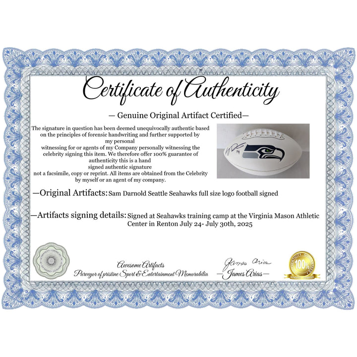 Sam Darnold Seattle Seahawks full size logo football signed with proof