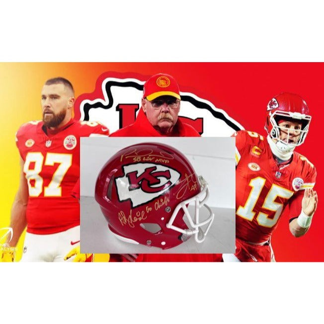 Kansas City Chiefs Speed Authentic Game model helmet Patrick Mahomes, Travis Kelce, Andy Reid signed with inscription & proof.