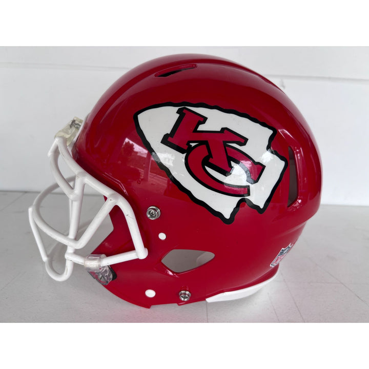 Kansas City Chiefs Speed Authentic Game model helmet Patrick Mahomes, Travis Kelce, Andy Reid signed with inscription & proof.