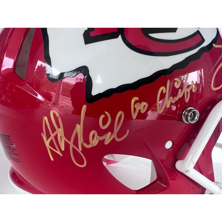 Kansas City Chiefs Speed Authentic Game model helmet Patrick Mahomes, Travis Kelce, Andy Reid signed with inscription & proof.