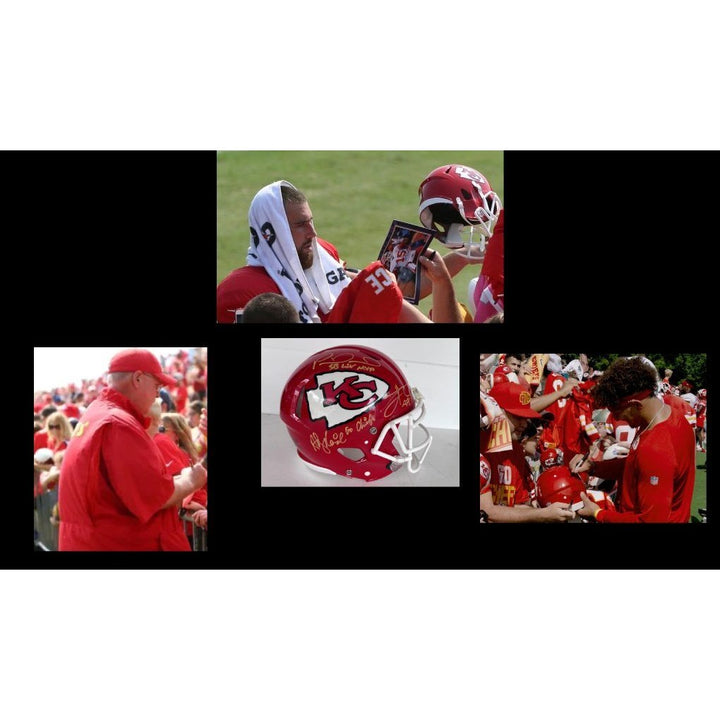 Kansas City Chiefs Speed Authentic Game model helmet Patrick Mahomes, Travis Kelce, Andy Reid signed with inscription & proof.