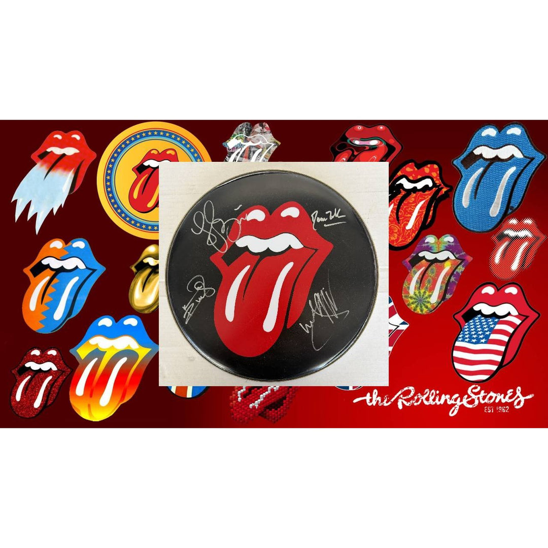 Keith Richards, Charlie Watts, Ronnie Wood, Mick Jagger, The Rolling Stones one-of-a-kind drumhead signed with proof.