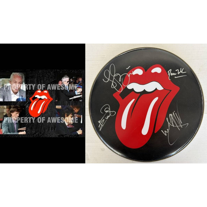 Keith Richards, Charlie Watts, Ronnie Wood, Mick Jagger, The Rolling Stones one-of-a-kind drumhead signed with proof.