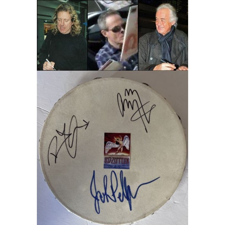 Led Zeppelin Jimmy Page, Robert Plant, John Paul Jones, 14-inch tambourine signed with proof