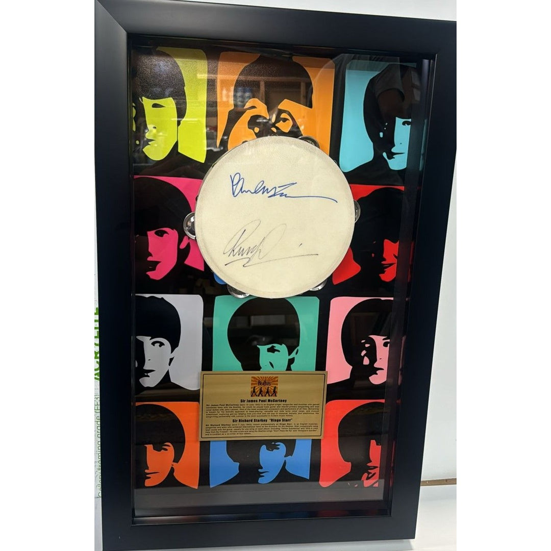 Led Zeppelin Jimmy Page, Robert Plant, John Paul Jones, 14-inch tambourine signed with proof