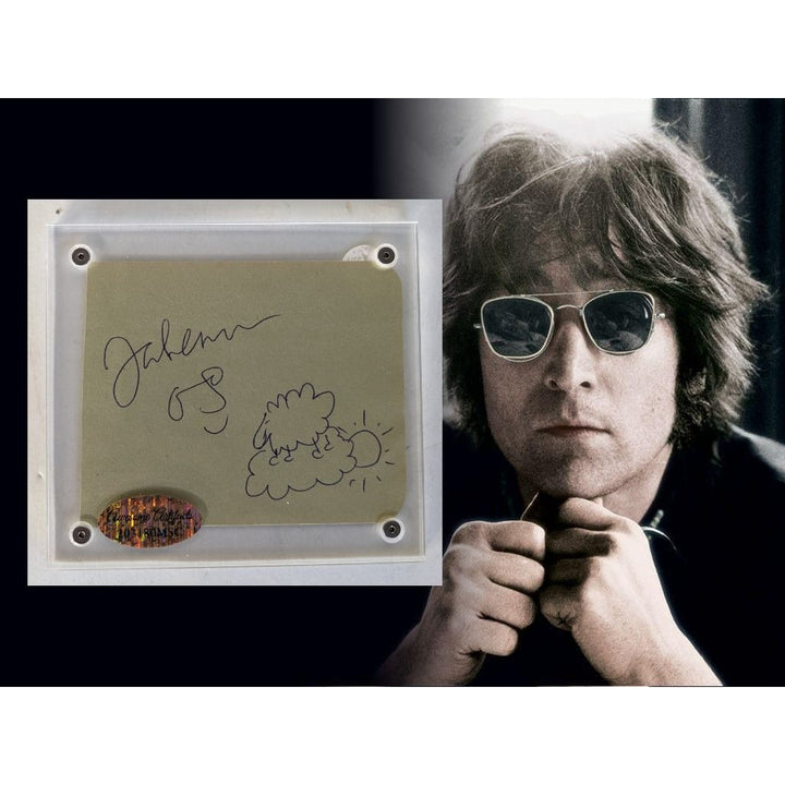 John Lennon with sketch Vintage autograph book page signed with proof