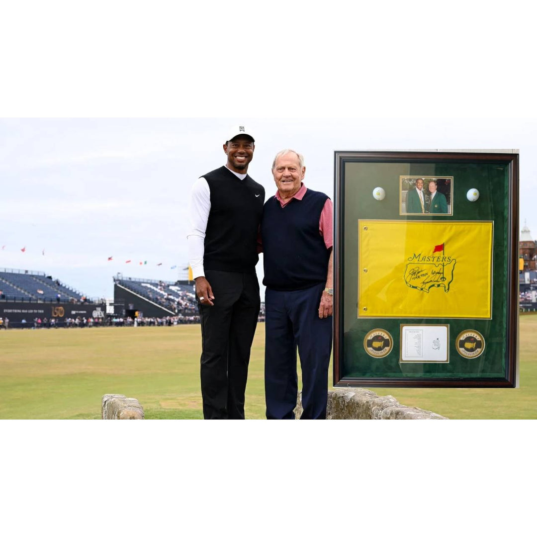 Tiger Woods and Jack Nicklaus Masters Golf pin flag signed and framed 29x31 with proof..