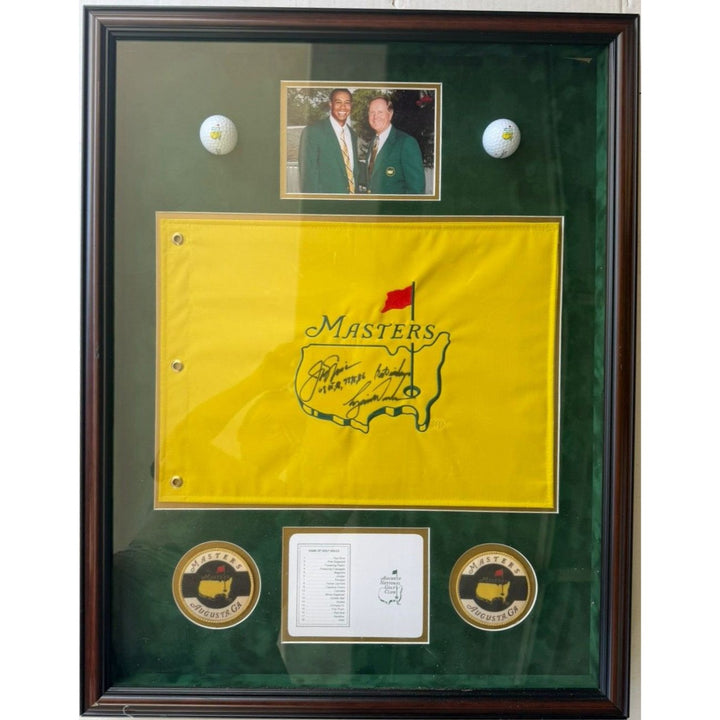 Tiger Woods and Jack Nicklaus Masters Golf pin flag signed and framed 29x31 with proof..