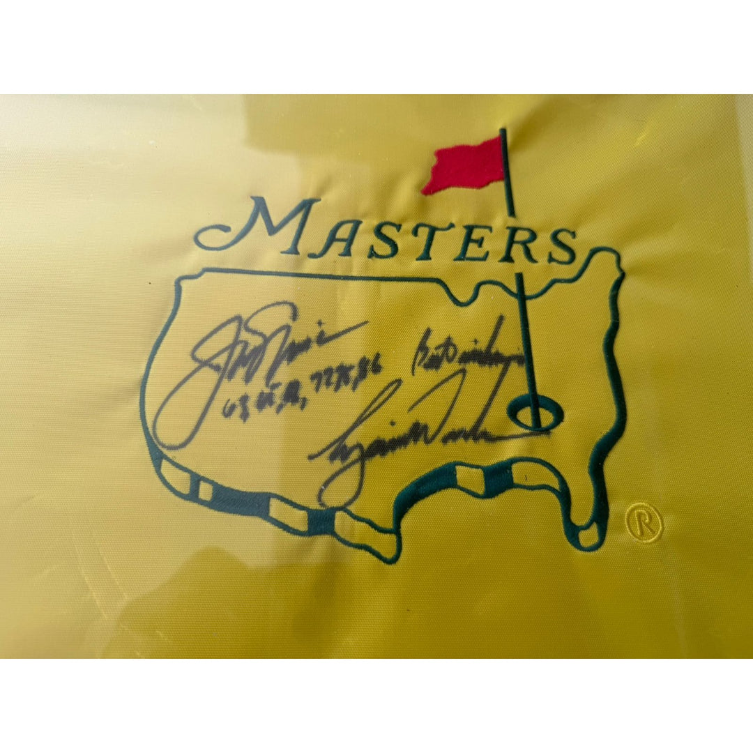 Tiger Woods and Jack Nicklaus Masters Golf pin flag signed and framed 29x31 with proof..