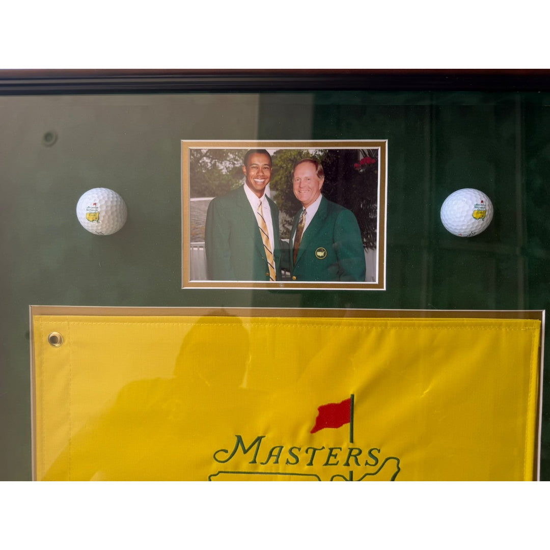Tiger Woods and Jack Nicklaus Masters Golf pin flag signed and framed 29x31 with proof..