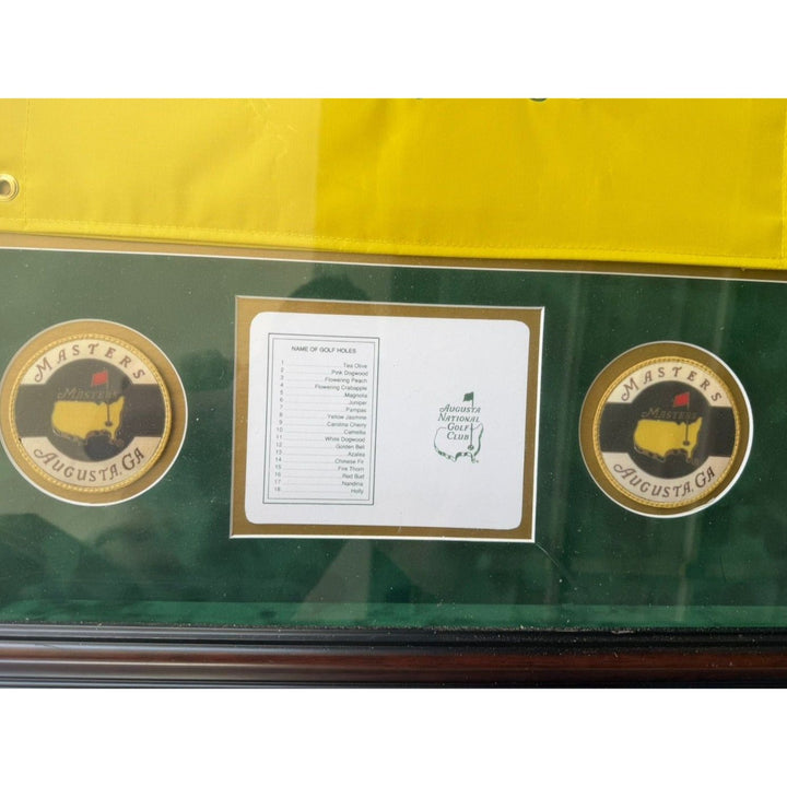 Tiger Woods and Jack Nicklaus Masters Golf pin flag signed and framed 29x31 with proof..