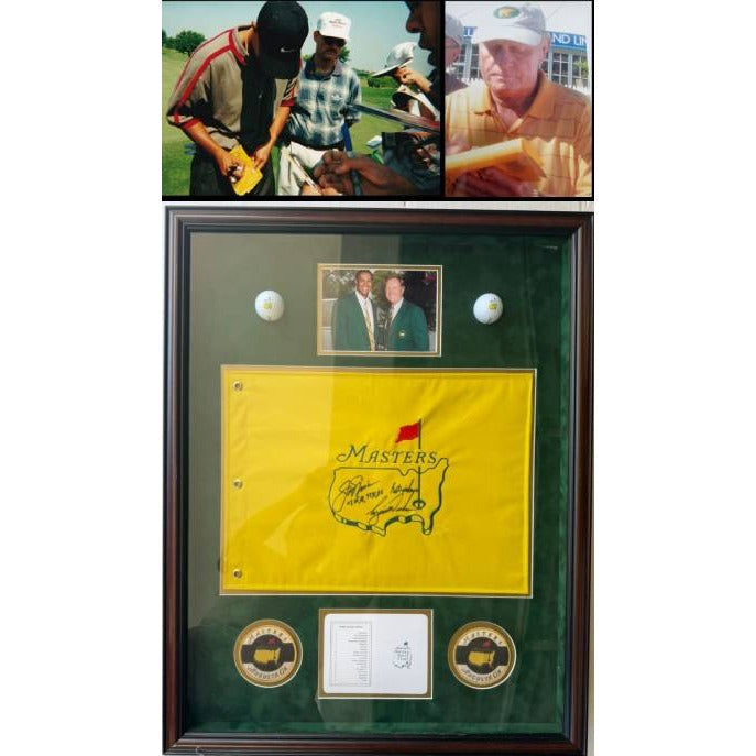 Tiger Woods and Jack Nicklaus Masters Golf pin flag signed and framed 29x31 with proof..