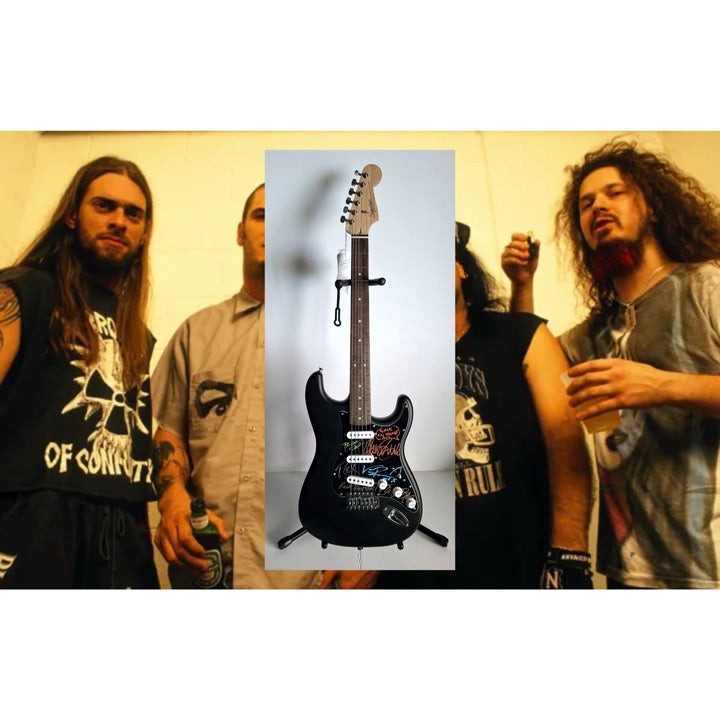 Pantera Dimebag Darrel Abbott, Vinnie Paul, Phil Anselmo, Rex Brown & Charlie Benante, Fender Stratocaster electric guitar signed with proof