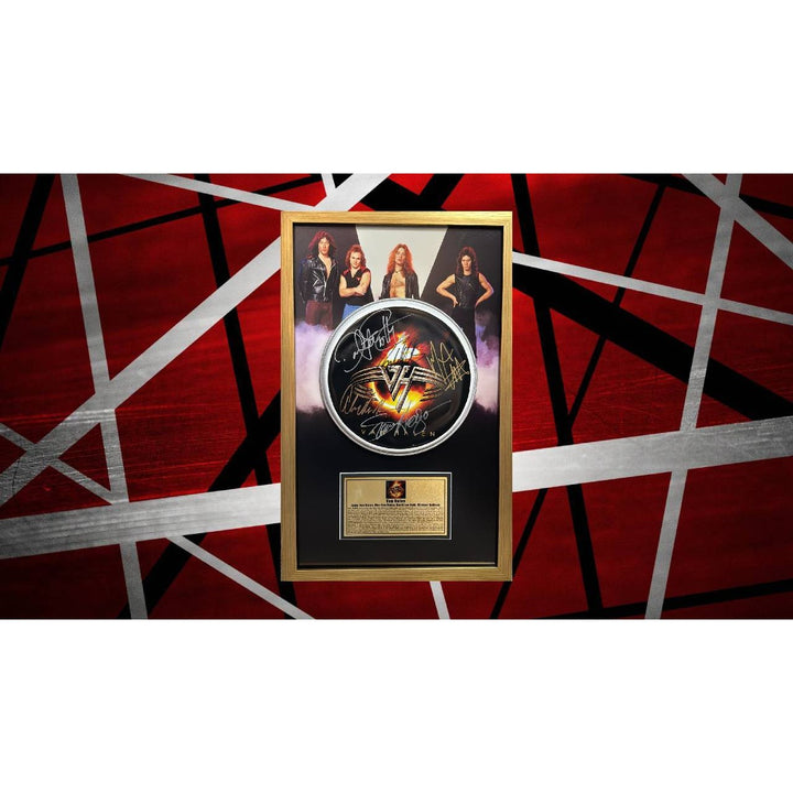Van Halen 14 inch drum head David Lee Roth, Sammy Hagar, Eddie and Alex Van Halen , Michael Anthony signed and framed 15x25 with proof.