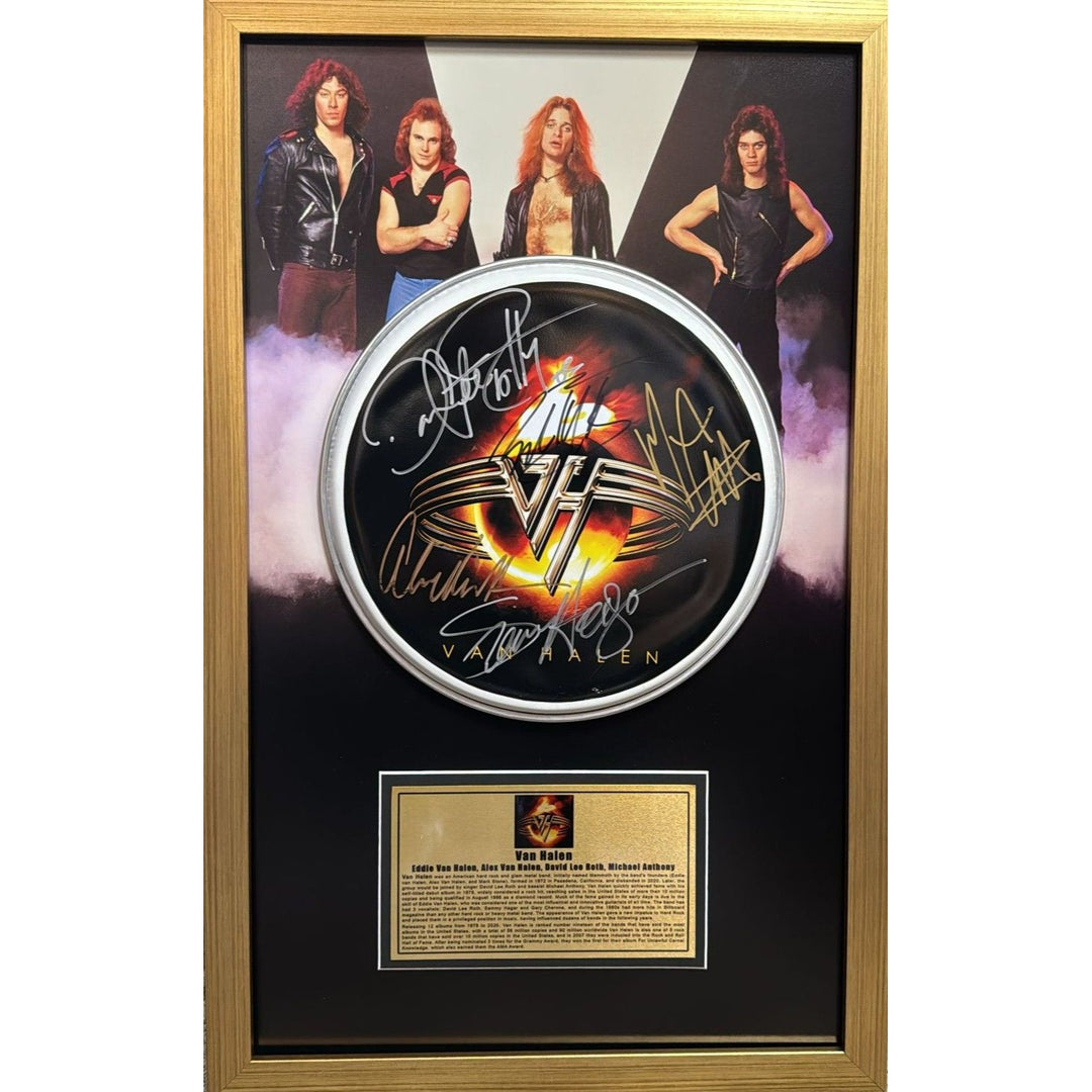 Van Halen 14 inch drum head David Lee Roth, Sammy Hagar, Eddie and Alex Van Halen , Michael Anthony signed and framed 15x25 with proof.