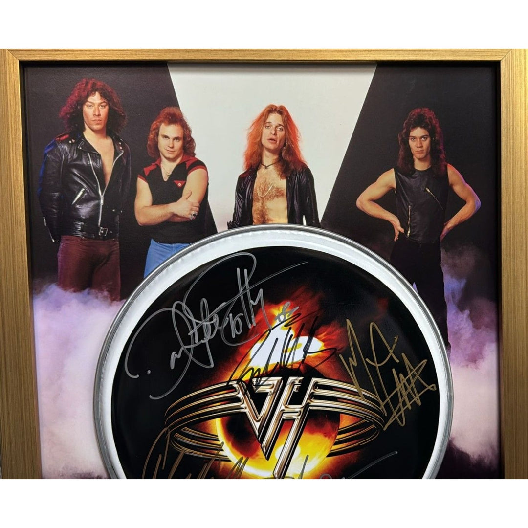 Van Halen 14 inch drum head David Lee Roth, Sammy Hagar, Eddie and Alex Van Halen , Michael Anthony signed and framed 15x25 with proof.