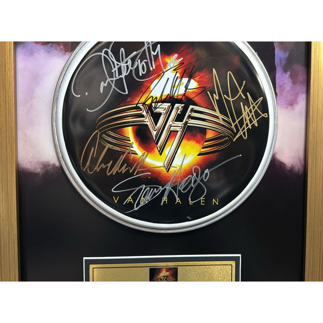 Van Halen 14 inch drum head David Lee Roth, Sammy Hagar, Eddie and Alex Van Halen , Michael Anthony signed and framed 15x25 with proof.