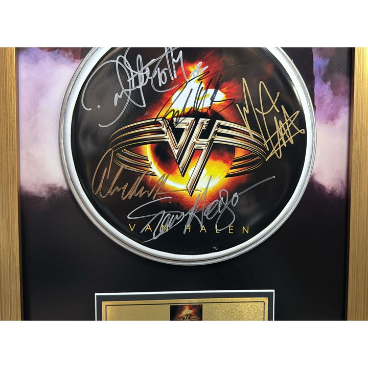 Van Halen 14 inch drum head David Lee Roth, Sammy Hagar, Eddie and Alex Van Halen , Michael Anthony signed and framed 15x25 with proof.
