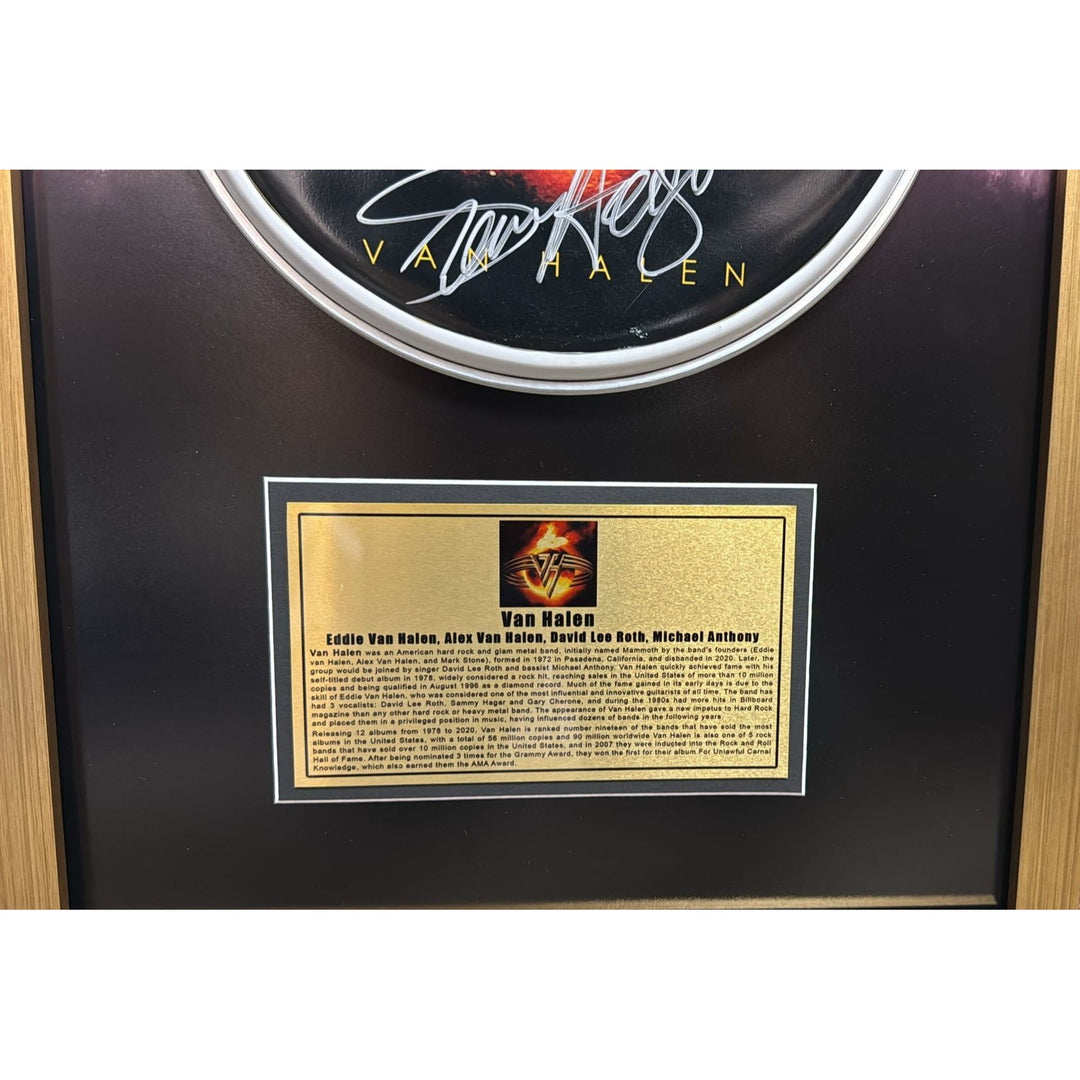 Van Halen 14 inch drum head David Lee Roth, Sammy Hagar, Eddie and Alex Van Halen , Michael Anthony signed and framed 15x25 with proof.