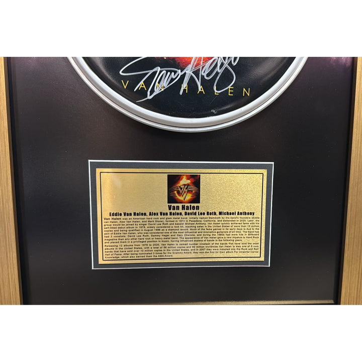 Van Halen 14 inch drum head David Lee Roth, Sammy Hagar, Eddie and Alex Van Halen , Michael Anthony signed and framed 15x25 with proof.