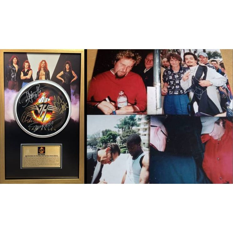 Van Halen 14 inch drum head David Lee Roth, Sammy Hagar, Eddie and Alex Van Halen , Michael Anthony signed and framed 15x25 with proof.