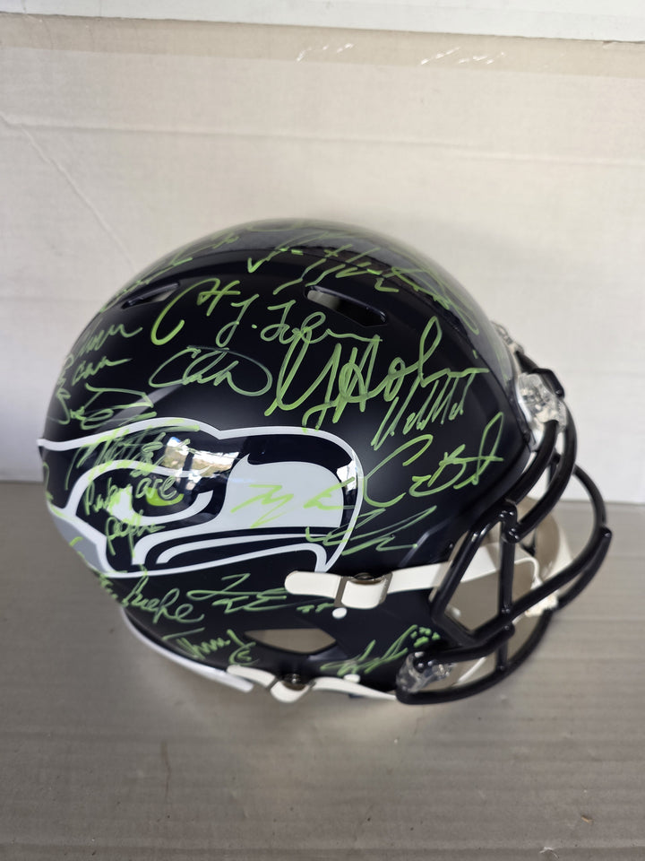 Seattle Seahawks 2025-26 Super Bowl Champions Riddell Speed Authentic Team Signed Helmet 43 Signatures Green Ink.