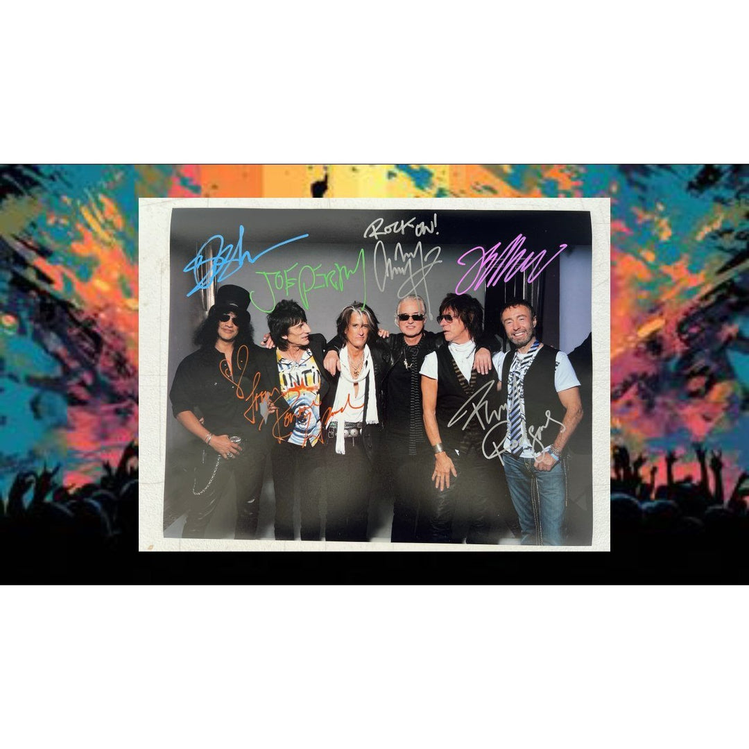 Slash Ronnie Wood Joe Perry Jimmy Page Jeff Beck and Paul Rodgers 11x14 photo signed with proof.