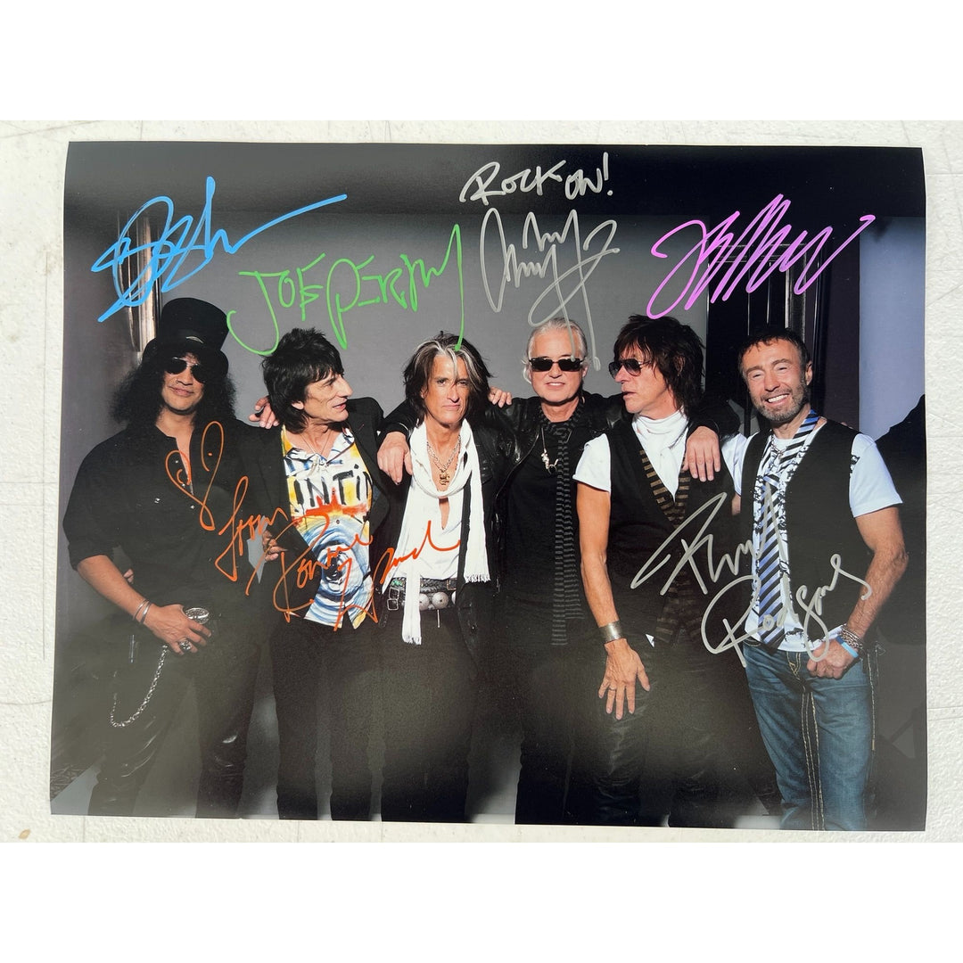 Slash Ronnie Wood Joe Perry Jimmy Page Jeff Beck and Paul Rodgers 11x14 photo signed with proof.