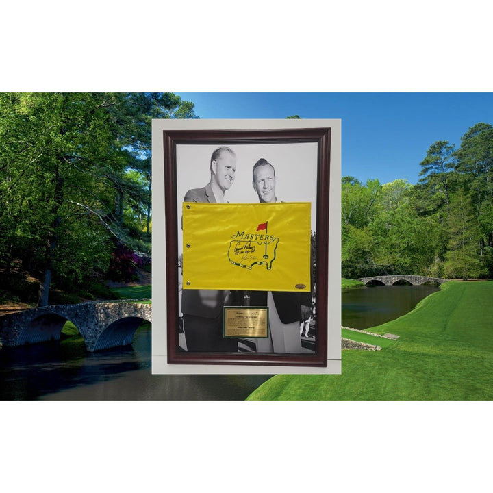Arnold Palmer and Jack Nicklaus Masters Flags signed with inscription & proof