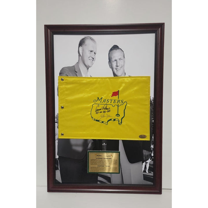 Arnold Palmer and Jack Nicklaus Masters Flags signed with inscription & proof