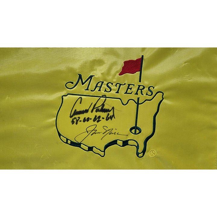 Arnold Palmer and Jack Nicklaus Masters Flags signed with inscription & proof
