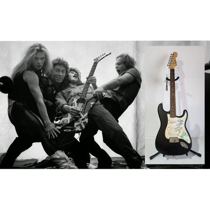 Van Halen Eddie & Ale, Michael Anthony, David Lee Roth, Sammy Hagar, Fender Stratocaster electric guitar signed with proof