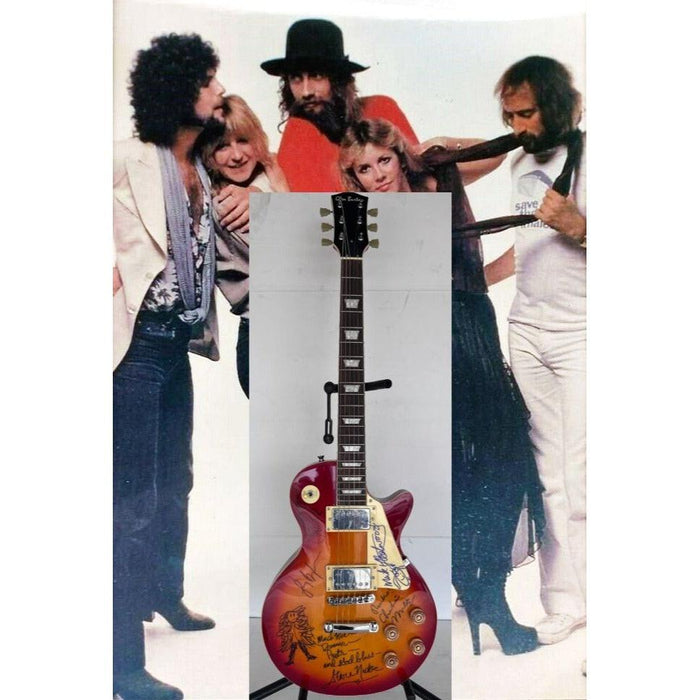 Fleetwood Mac vintage les paul signed by Mick Fleetwood, Christine McVie, John McVie, Stevie Nicks and Lindsey Buckingham signed with proof