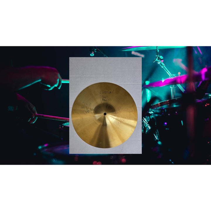 Led Zeppelin Jimmy Page Robert Plant John Paul Jones 16 inch cymbal signed with proof.
