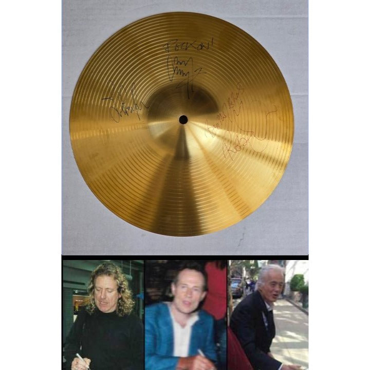 Led Zeppelin Jimmy Page Robert Plant John Paul Jones 16 inch cymbal signed with proof.