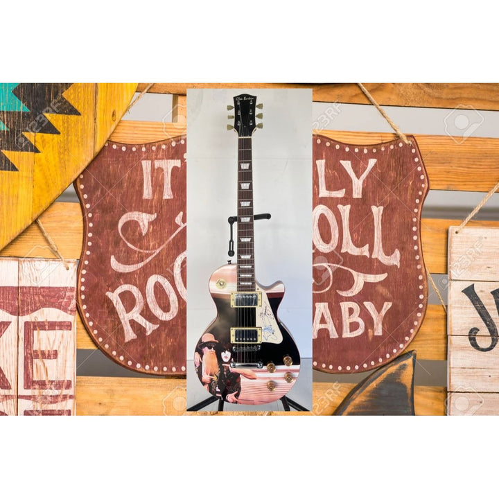 Billy Gibbons 'ZZ Top" and Ace Frehley "Kiss" legendary guitarists full size les paul one of a kind signed with proof
