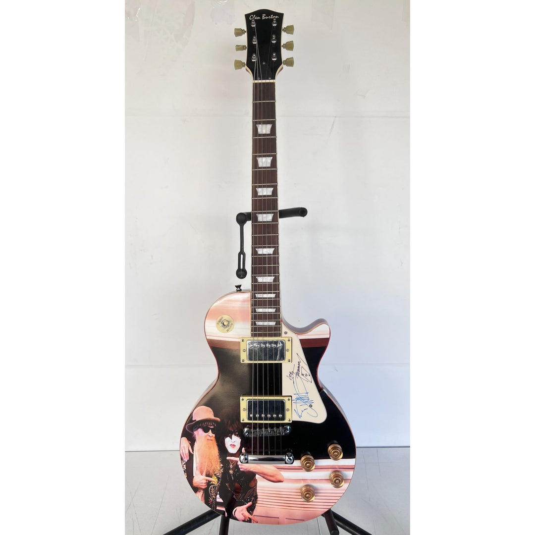 Billy Gibbons 'ZZ Top" and Ace Frehley "Kiss" legendary guitarists full size les paul one of a kind signed with proof