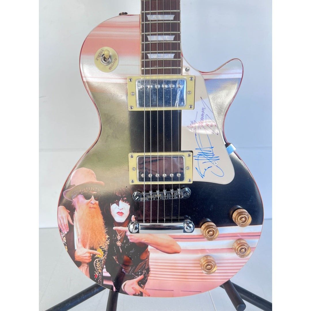 Billy Gibbons 'ZZ Top" and Ace Frehley "Kiss" legendary guitarists full size les paul one of a kind signed with proof